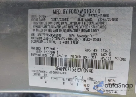 2006 Ford Fusion Se from USA, damaged, VIN 3FAFP07156R203940